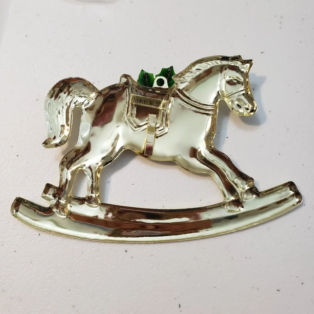 Vintage Rocking Horse Christmas Wreath Hanger Metal Gold Tone